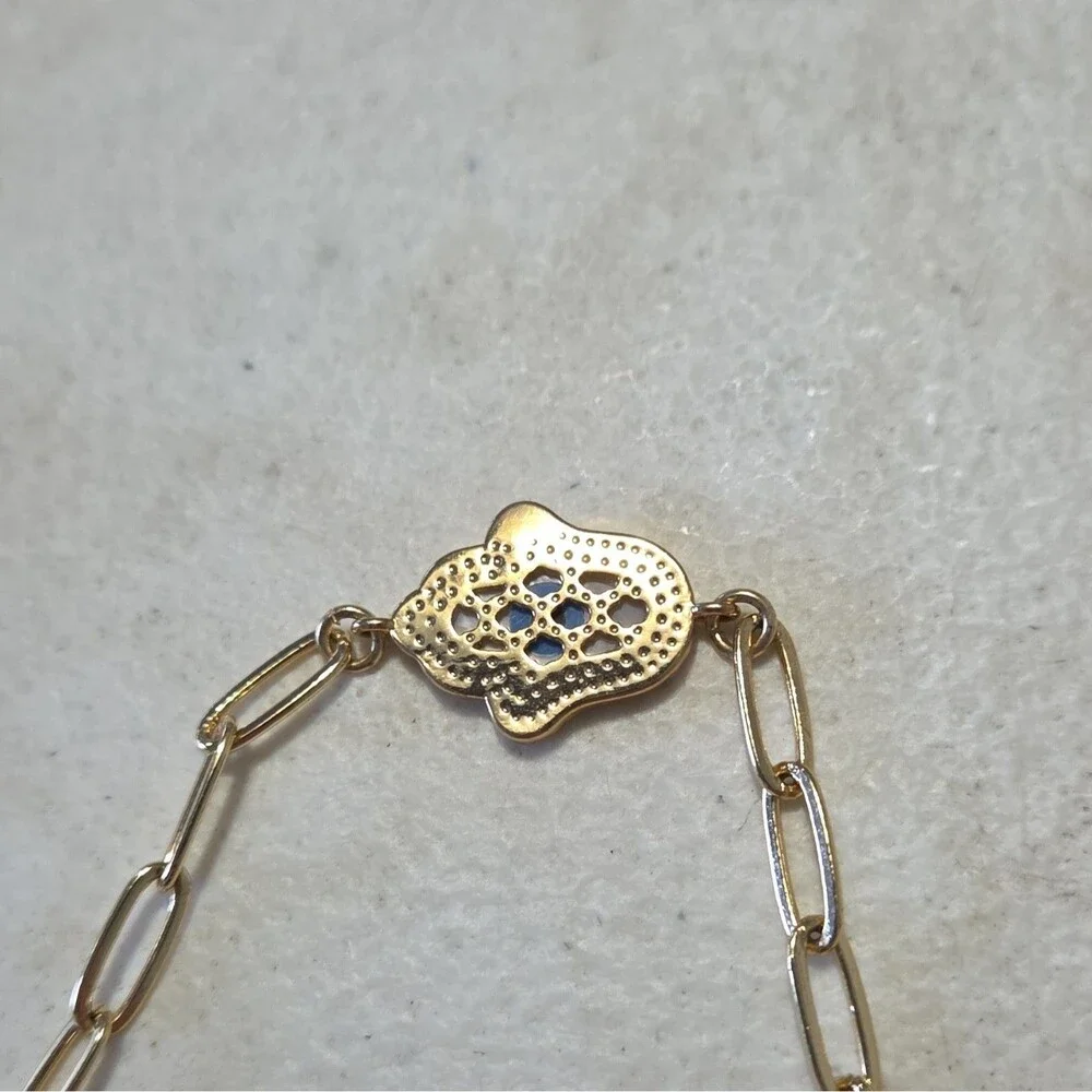 Gold Tone Paperclip Chain Evil Eye Hand Dangle Charm Bracelet, Lobster Clasp